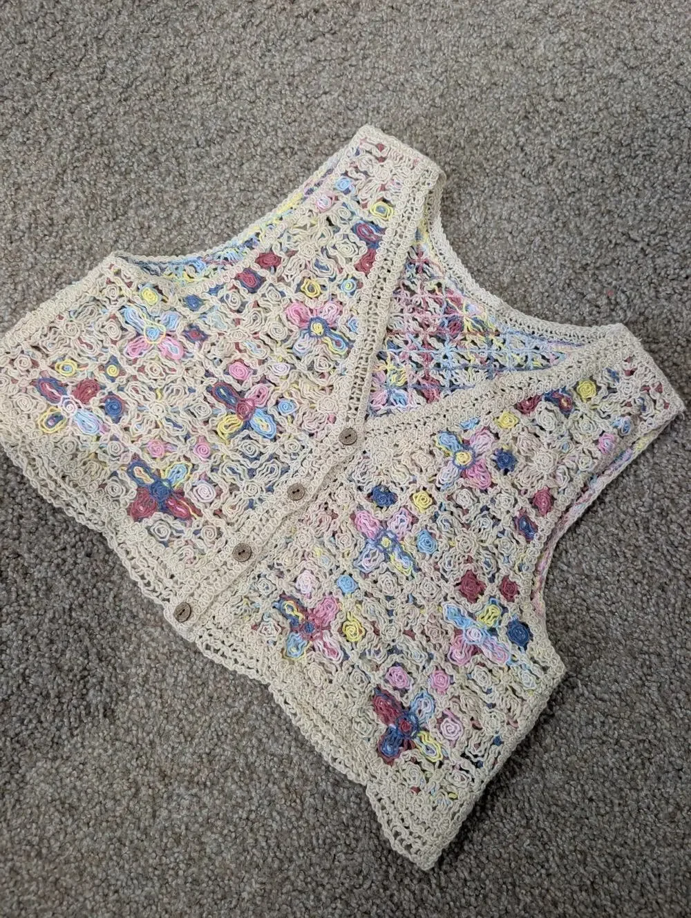 SHEIN Crochet Vest Small Boho Floral Cream Multi Color Button Up Crop Shrug Knit